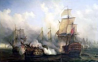 The French ship Redoubtable during her magnificent resistance at the Battle of Trafalgar. It was a musket shot from Redoubtable that mortally wounded Nelson.